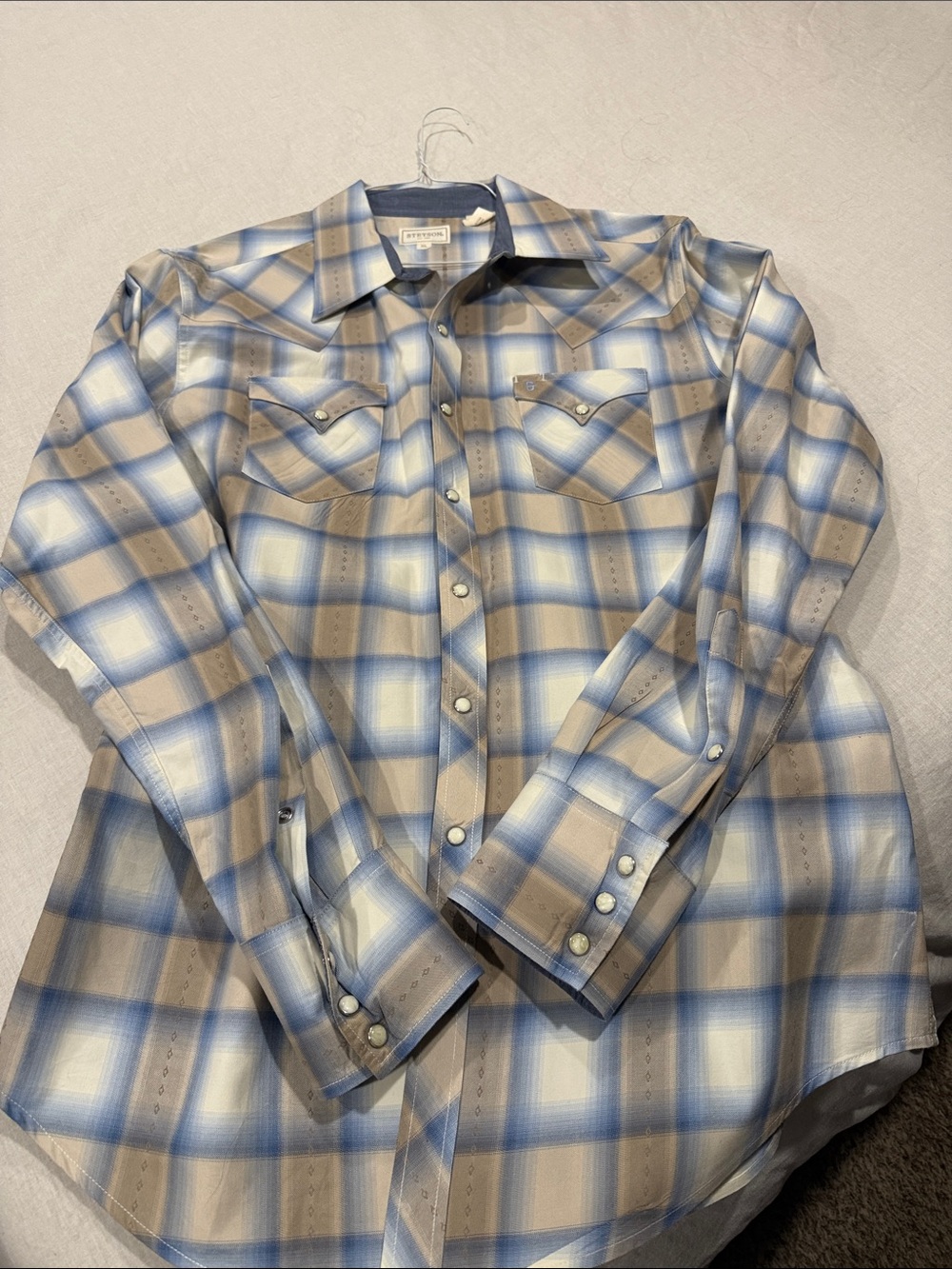Stetson Men’s XL Pearl Snap Western Shirt Blue Tan Plaid Long Sleeve Cowboy